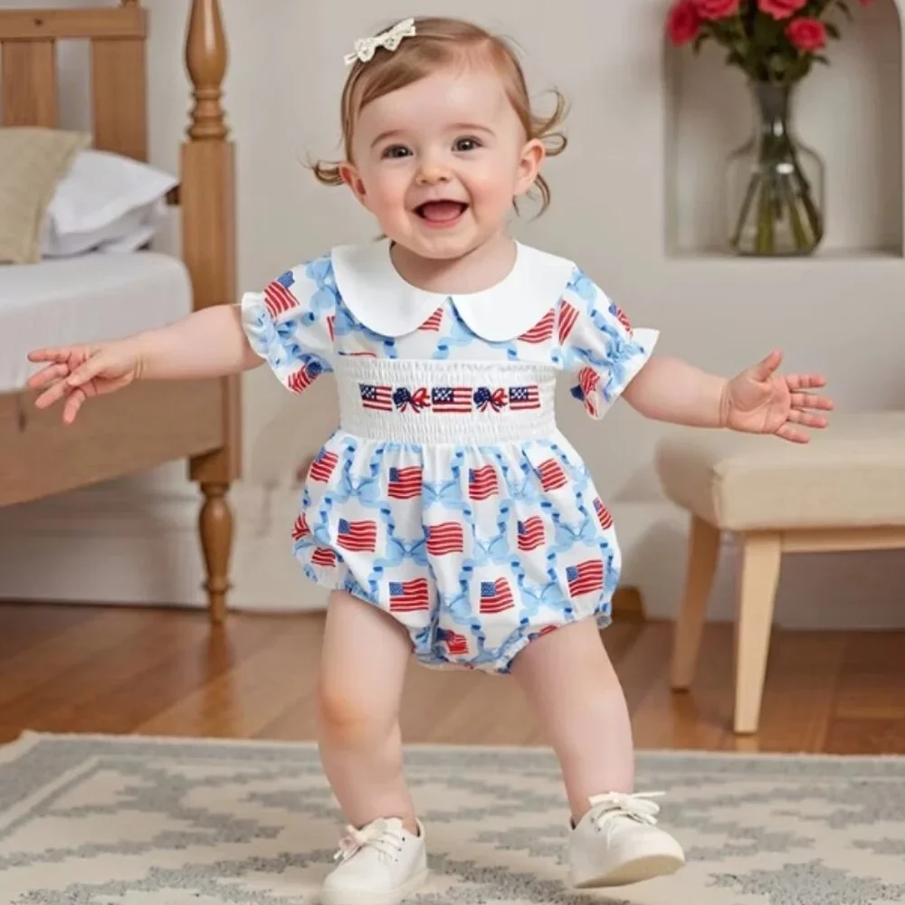 4th of July Baby Girls Embroidered Flag Bow Sleeveless Romper Jumpsuit